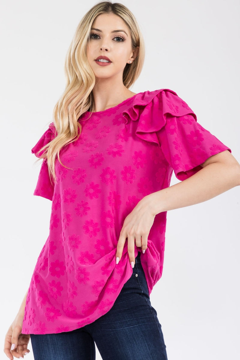 Tatum Full Size Ruffle Layered Short Sleeve Daisy Floral Top