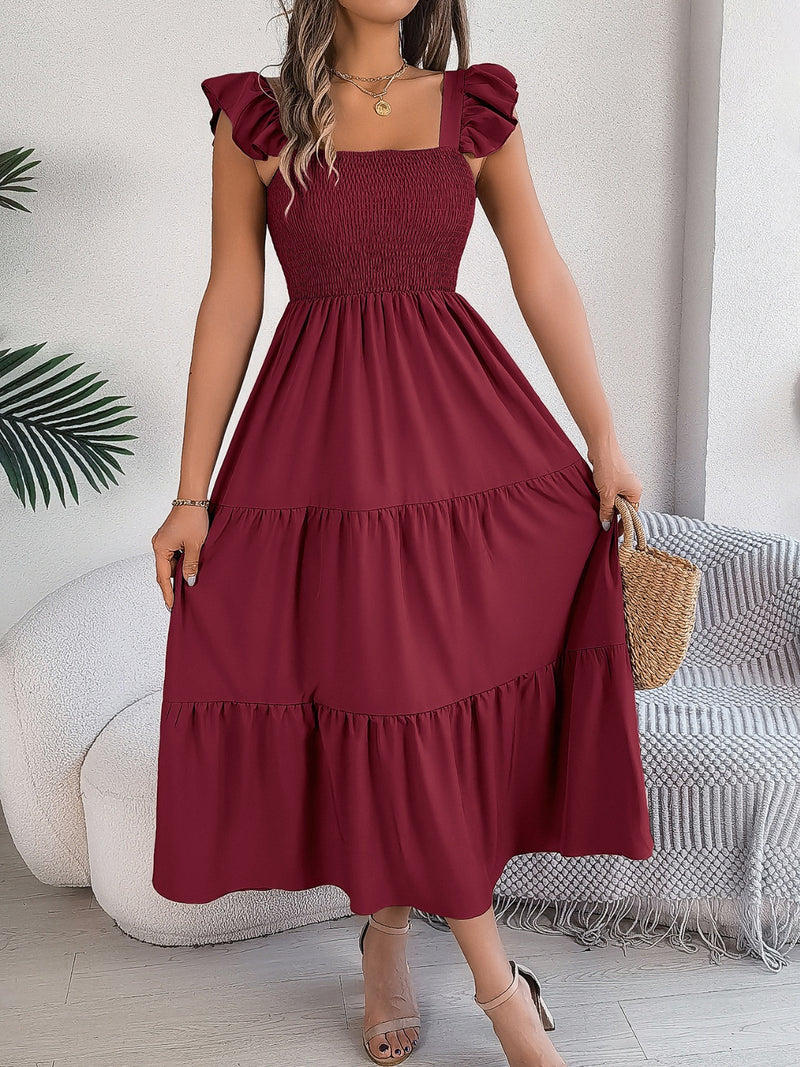 Perry Smocked Square Neck Cap Sleeve Midi Dress