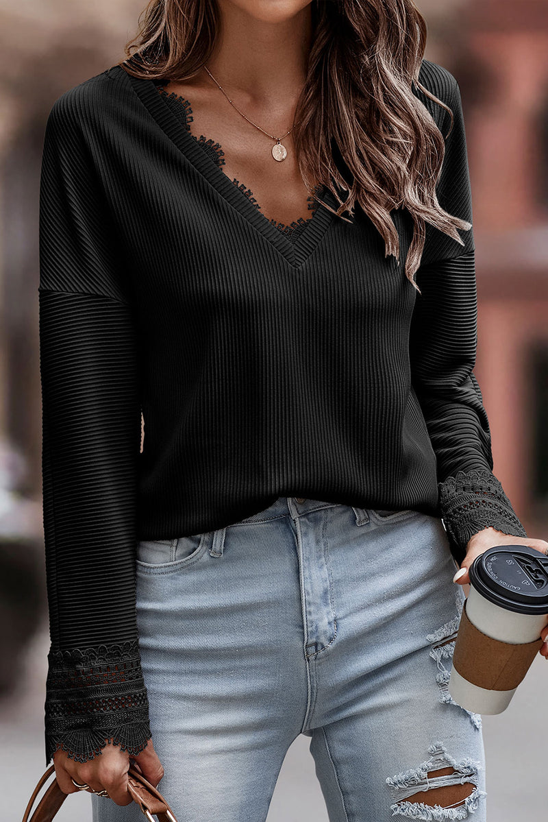 Lace Detail V-Neck Long Sleeve T-Shirt