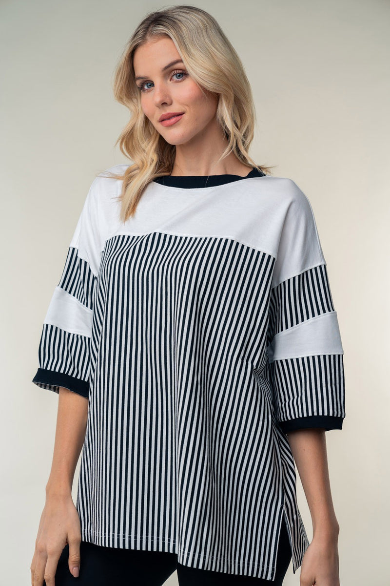 Gwen Full Size Striped Contrast Round Neck Top