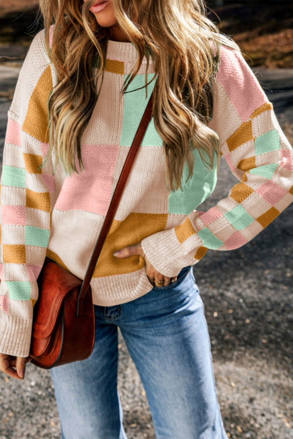 Amber Checkered Round Neck Drop Shoulder Sweater