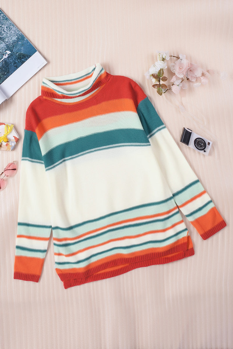 Christine Contrast Striped Turtleneck Dropped Shoulder Sweater