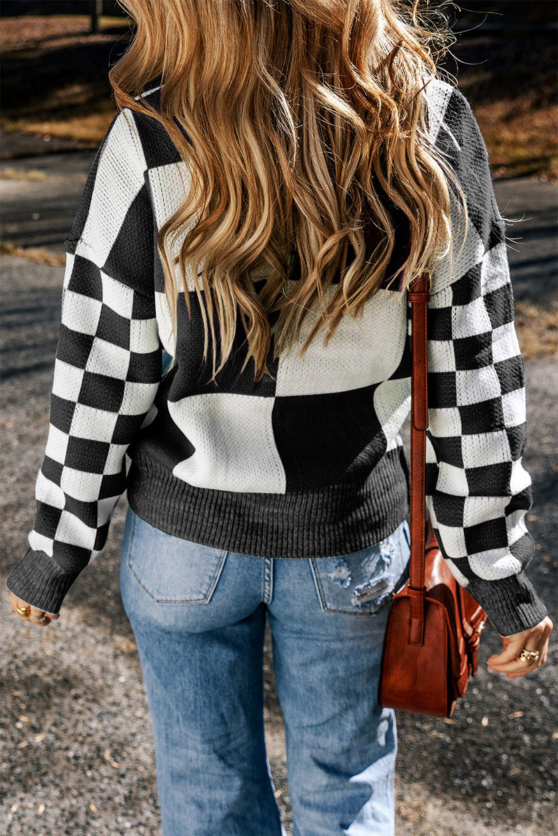 Amber Checkered Round Neck Drop Shoulder Sweater