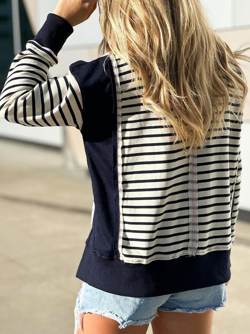 Chalesa Slit Exposed Seam Striped Long Sleeve Sweatshirt