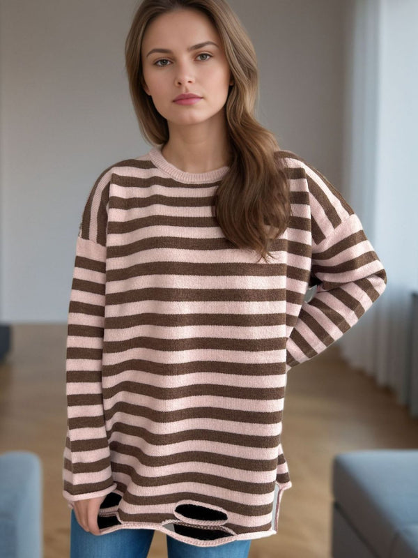 Luna Distressed Striped Round Neck Long Sleeve Sweater