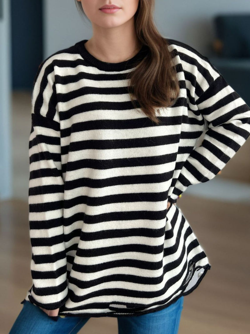 Luna Distressed Striped Round Neck Long Sleeve Sweater