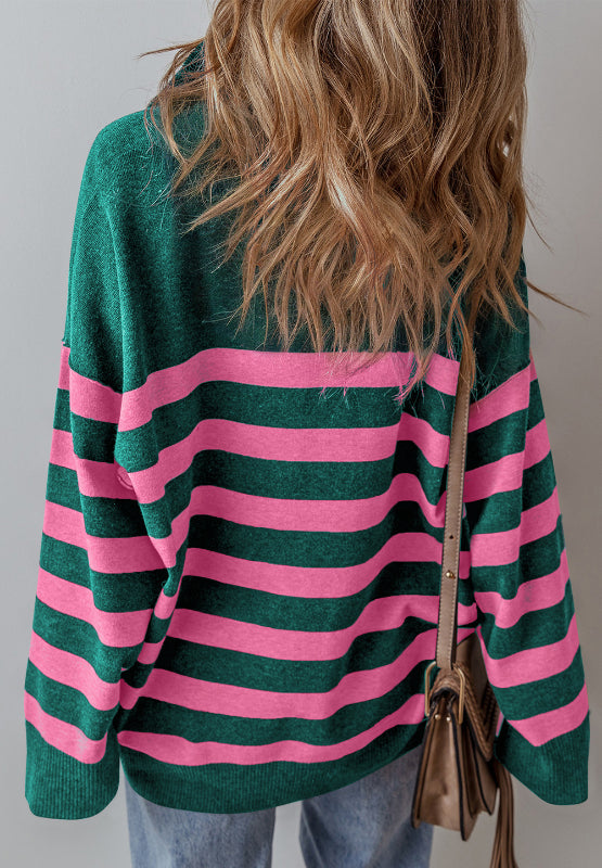 Salem Contrast Striped Quarter Zip Long Sleeve Sweater