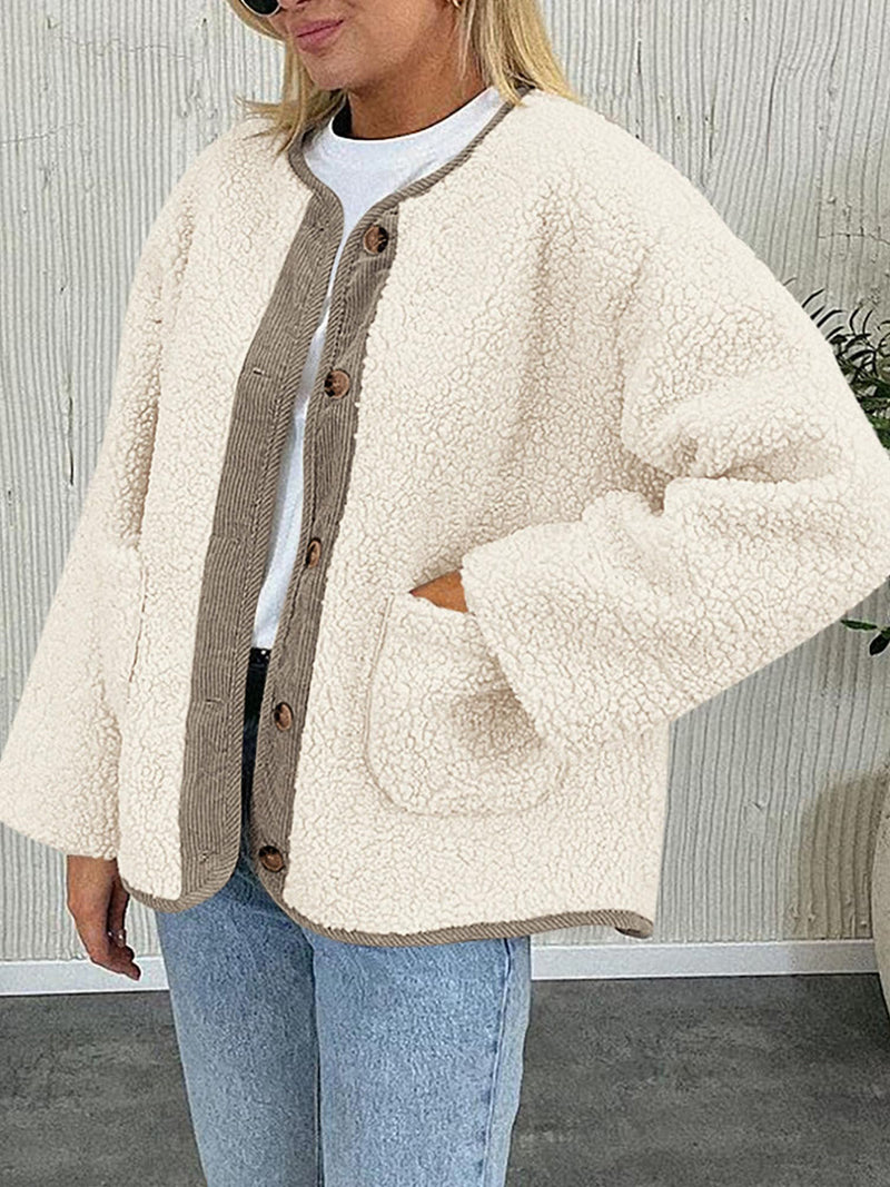 Riley Contrast Button Up Sherpa Jacket with Pockets