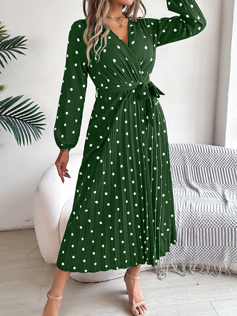 Carrie Tied Polka Dot Long Sleeve Midi Dress