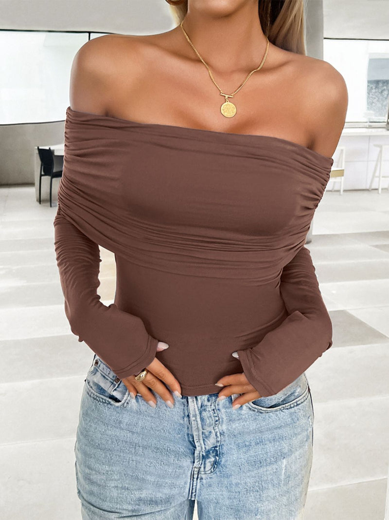 Jessica Ruched Off-Shoulder Long Sleeve T-Shirt