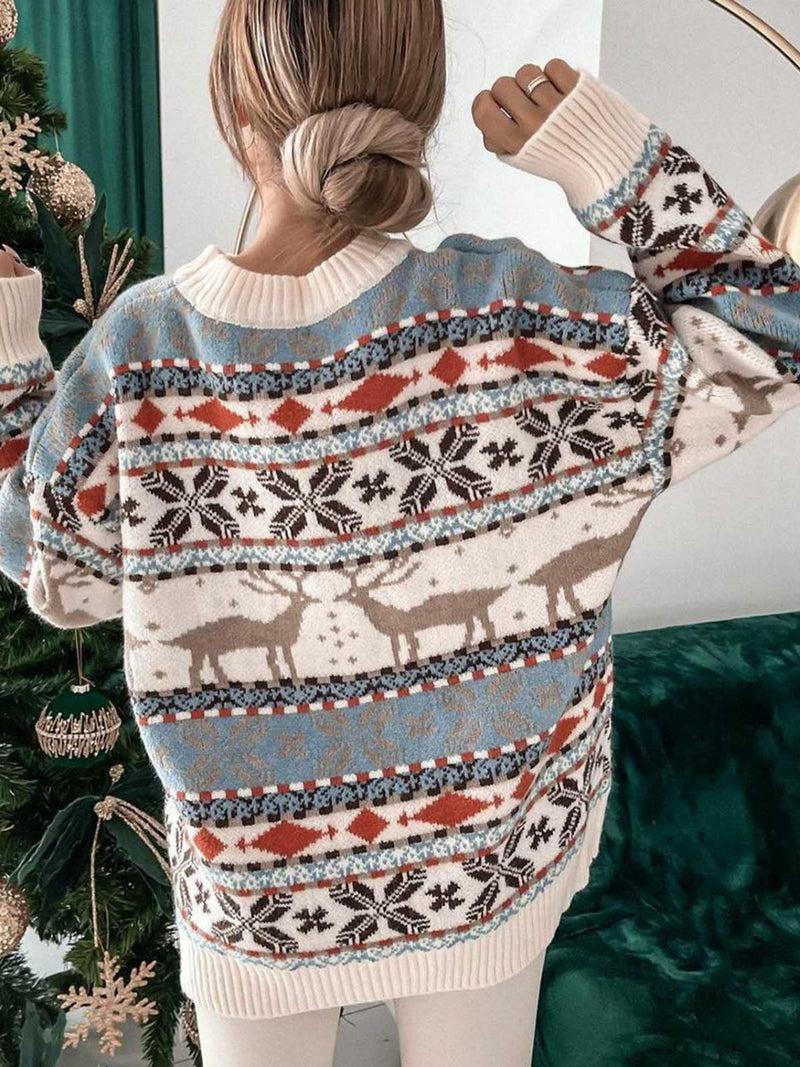 Christmas Geometric Round Neck Dropped Shoulder Sweater