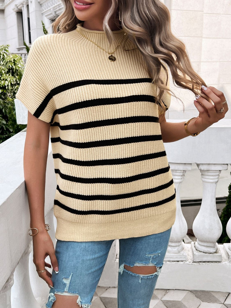 Pamela Striped Mock Neck Short Sleeve Sweater