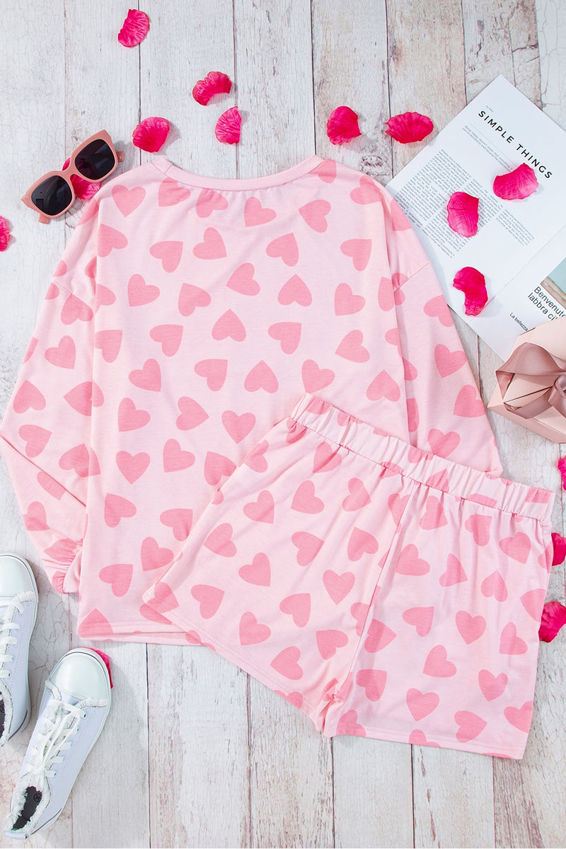 Grace Heart Print Round Neck Top and Shorts Lounge Set