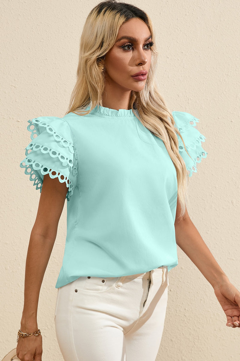 Bailey Ruffled Eyelet Round Neck Cap Sleeve Blouse