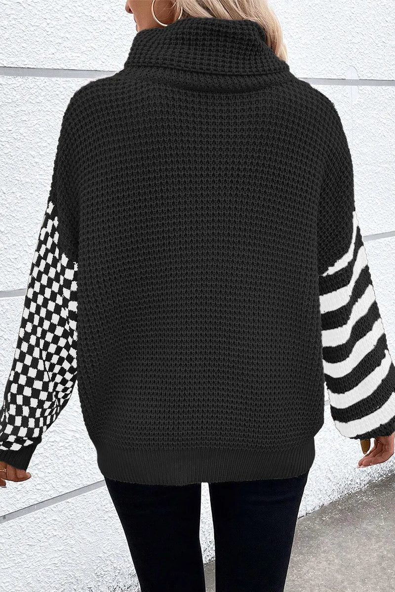 Tatum Checkered Striped Turtleneck Long Sleeve Sweater