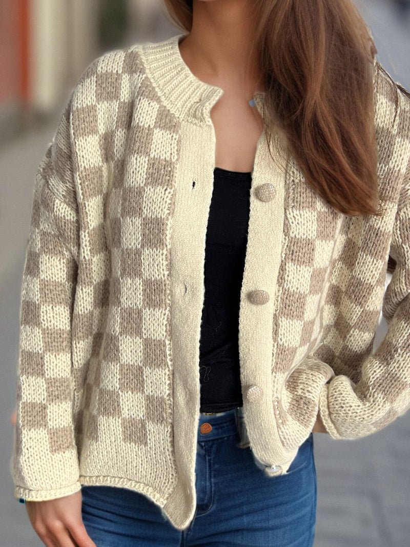 Tabbie Checkered Button Up Round Neck Cardigan