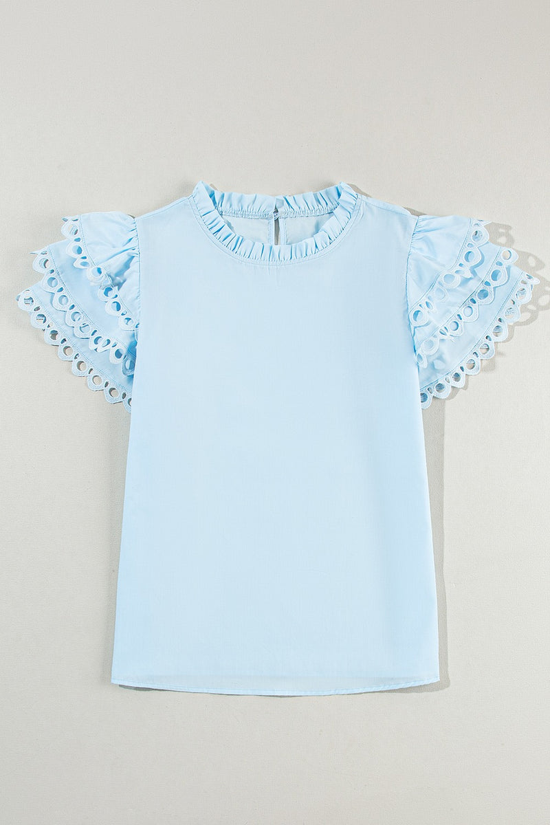 Bailey Ruffled Eyelet Round Neck Cap Sleeve Blouse