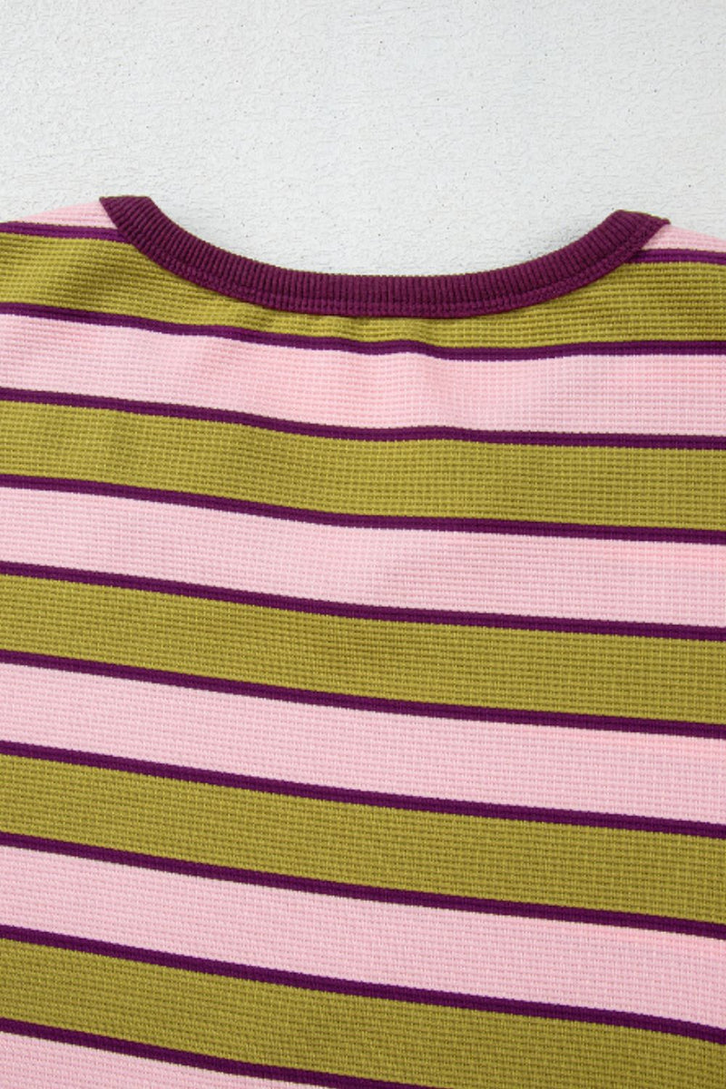 Jillie Striped Notched Long Sleeve T-Shirt