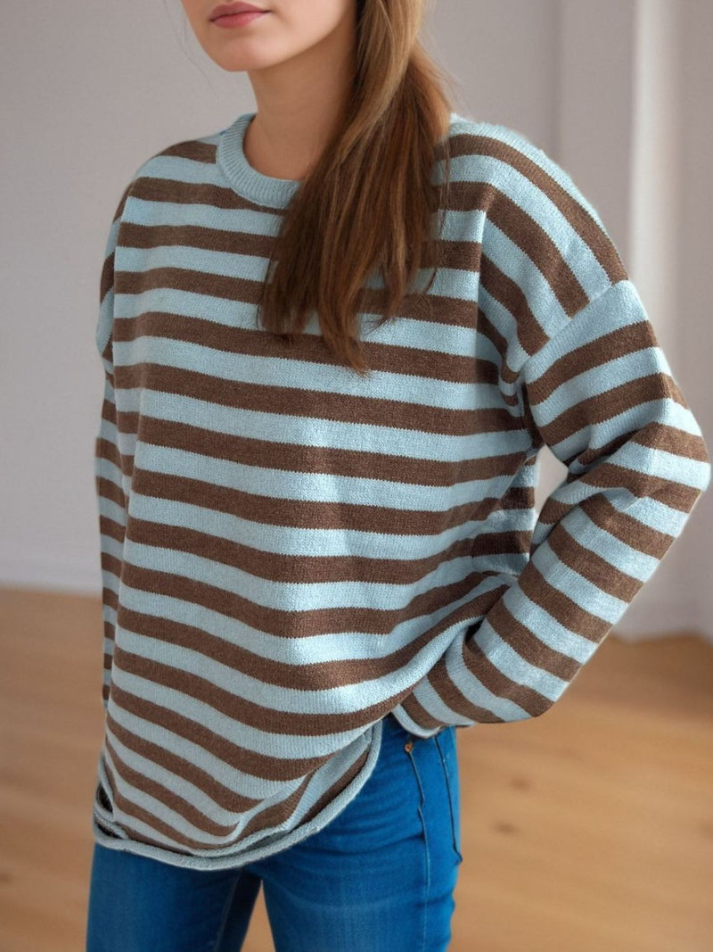 Luna Distressed Striped Round Neck Long Sleeve Sweater