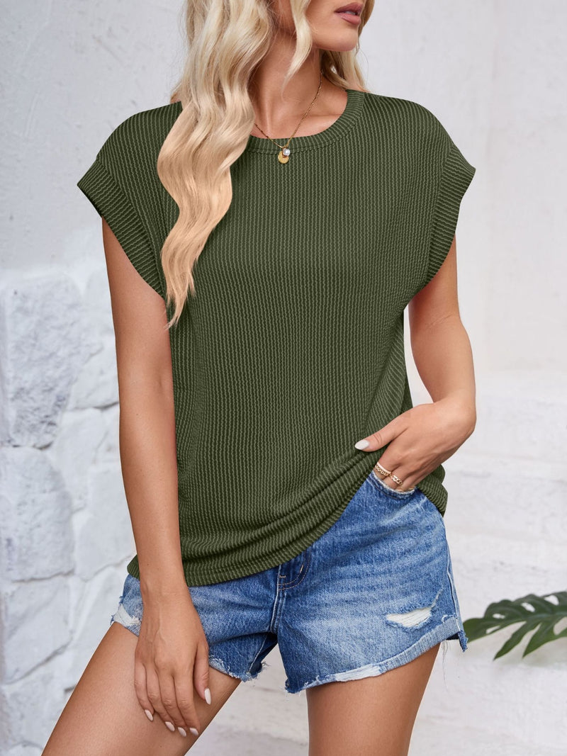 Lynn Textured Round Neck Cap Sleeve Blouse