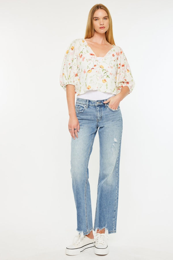 Beatrice Kancan Mid Rise Frayed Hem Straight Jeans