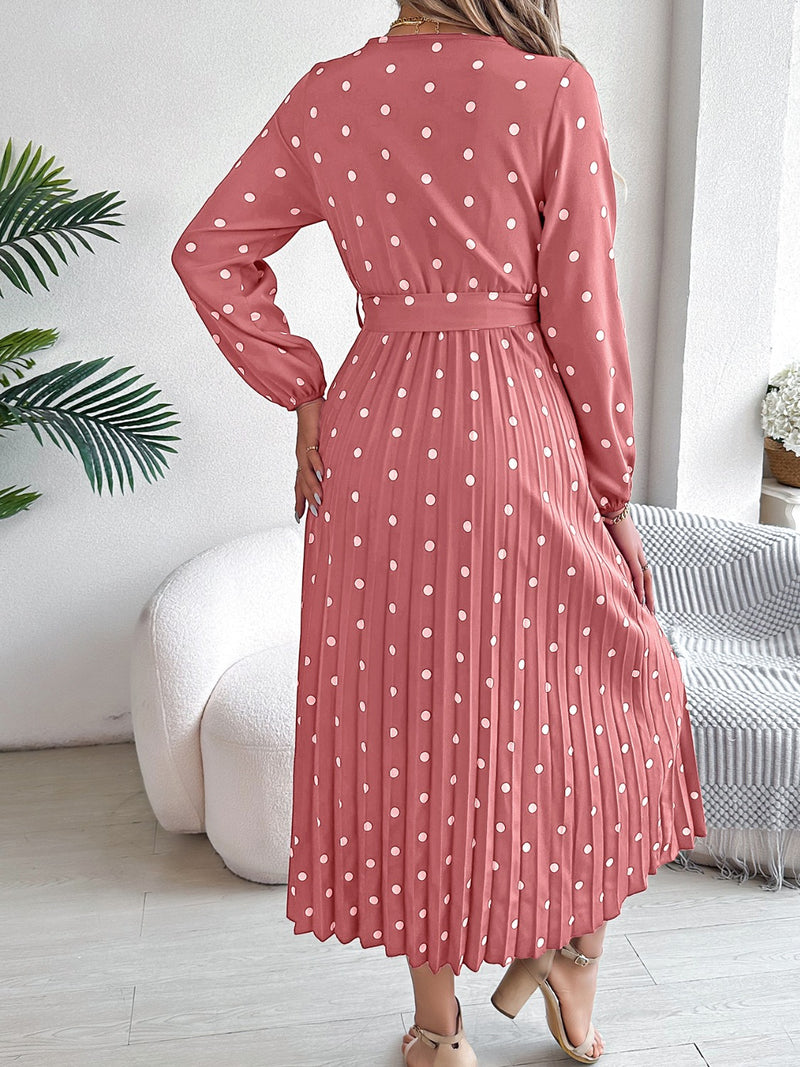 Carrie Tied Polka Dot Long Sleeve Midi Dress