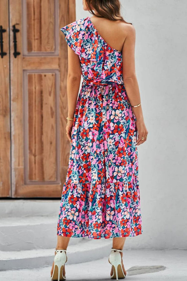 Ashlee Ruffled Tied Printed One Shoulder Dress