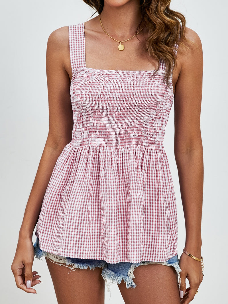 Summer Smocked Plaid Square Neck Tank