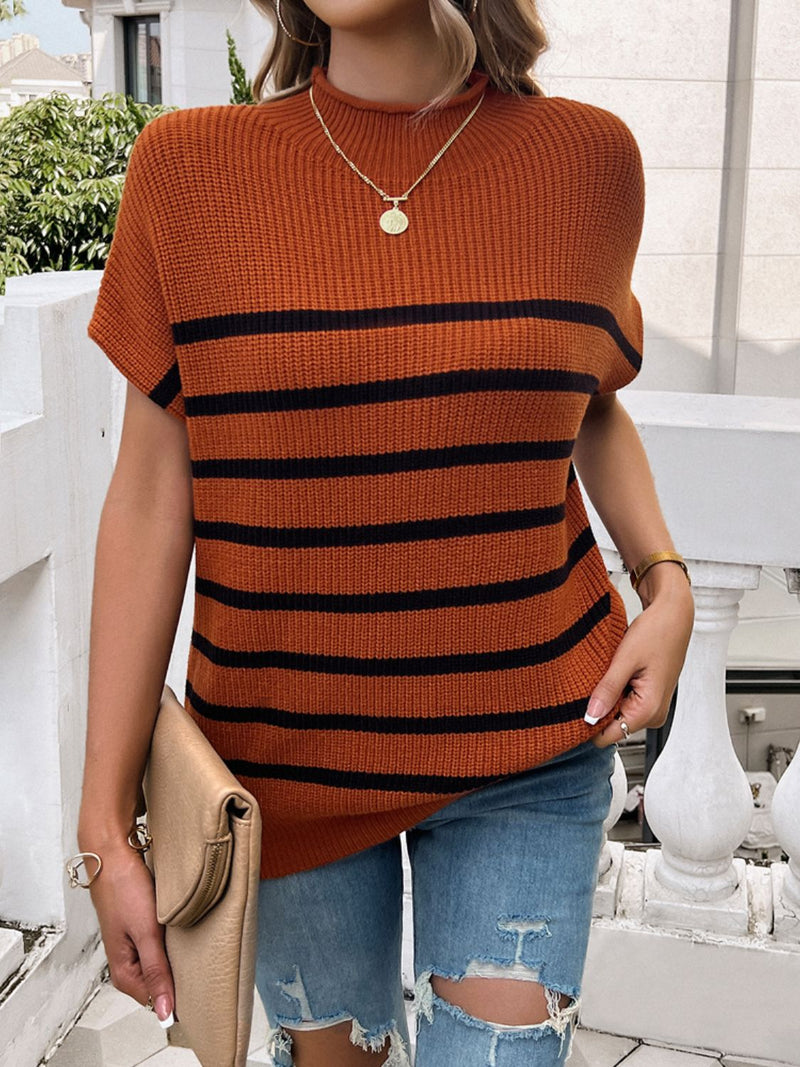 Pamela Striped Mock Neck Short Sleeve Sweater