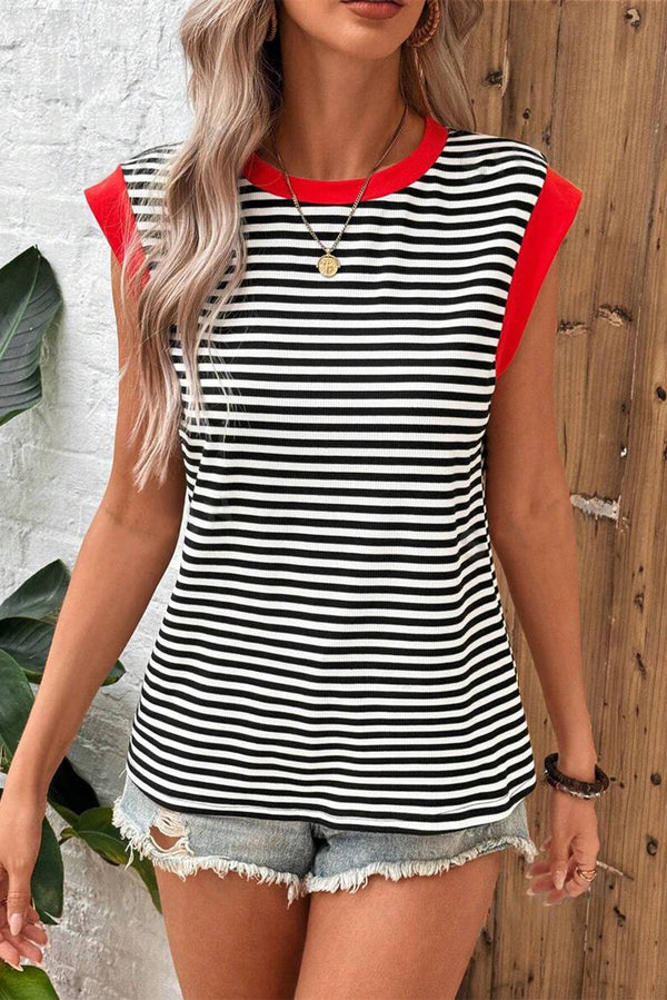 Tallyn Striped Round Neck Cap Sleeve Top