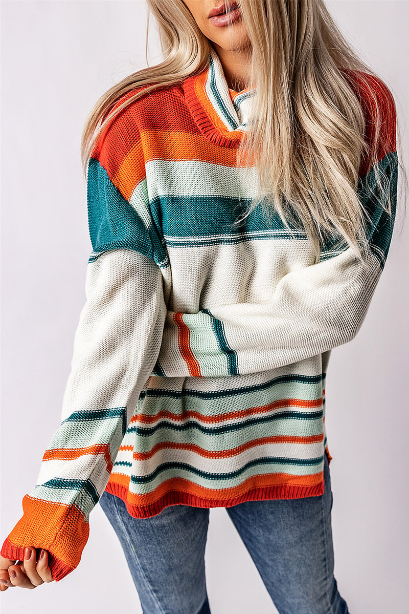 Christine Contrast Striped Turtleneck Dropped Shoulder Sweater