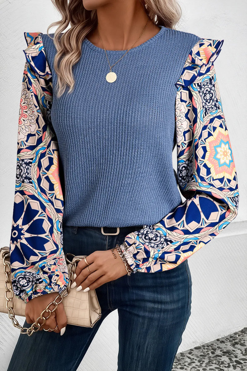 Ralphy Ruffled Printed Round Neck Long Sleeve Top