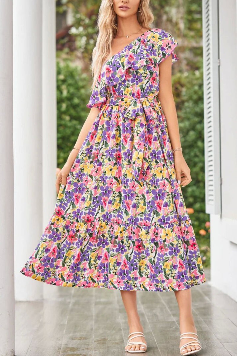 Ashlee Ruffled Tied Printed One Shoulder Dress