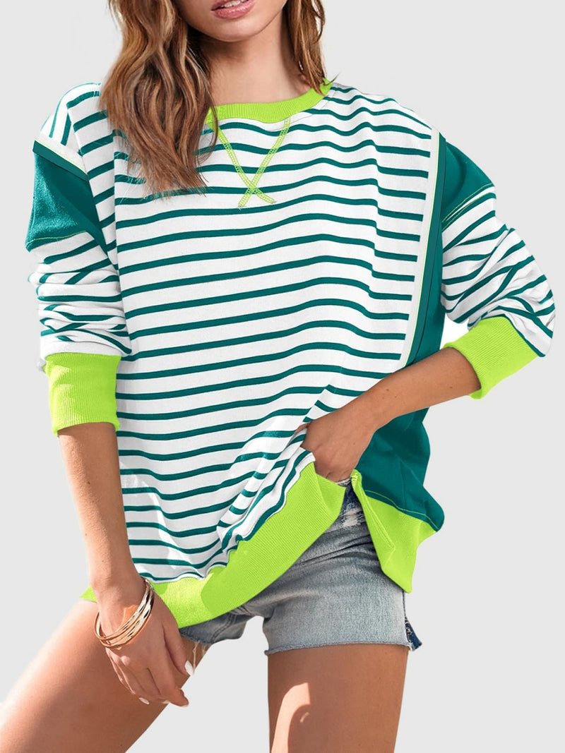 Chalesa Slit Exposed Seam Striped Long Sleeve Sweatshirt