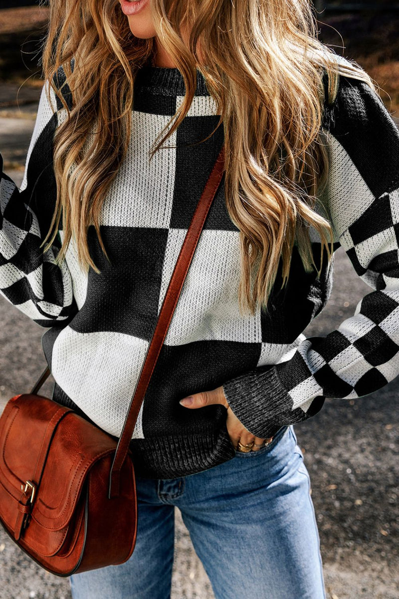 Amber Checkered Round Neck Drop Shoulder Sweater