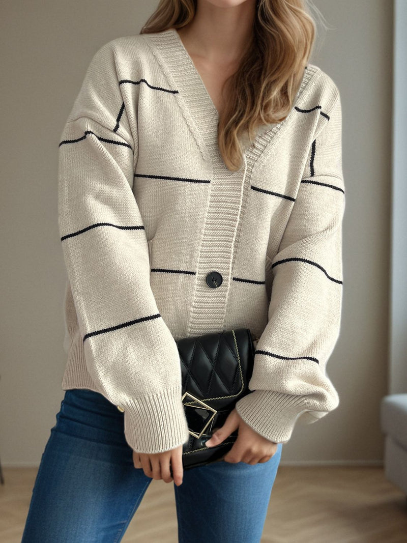 Lorelia Striped Button Down V-Neck Long Sleeve Cardigan