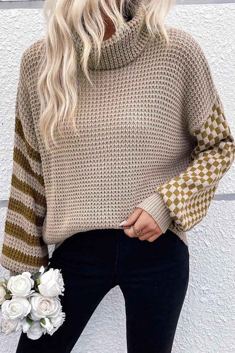 Tatum Checkered Striped Turtleneck Long Sleeve Sweater