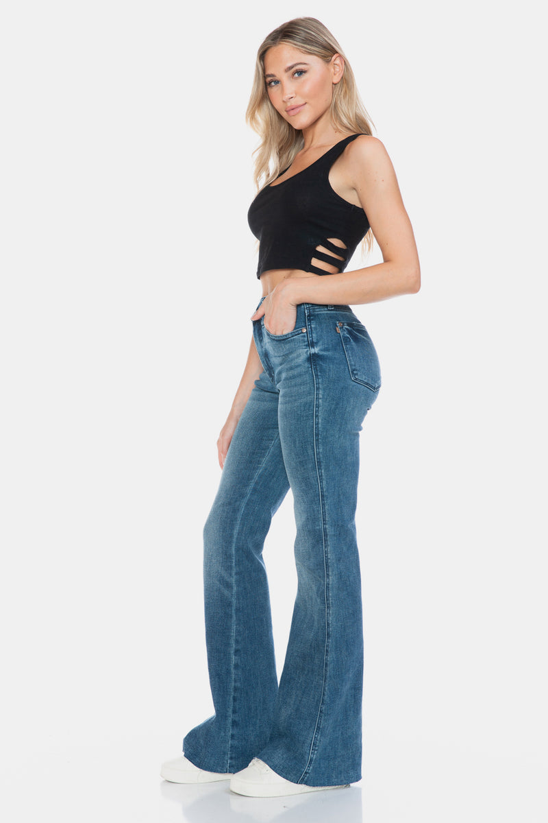 Henrietta Judy Blue Full Size Tummy Control Cut Hem Flare Jeans