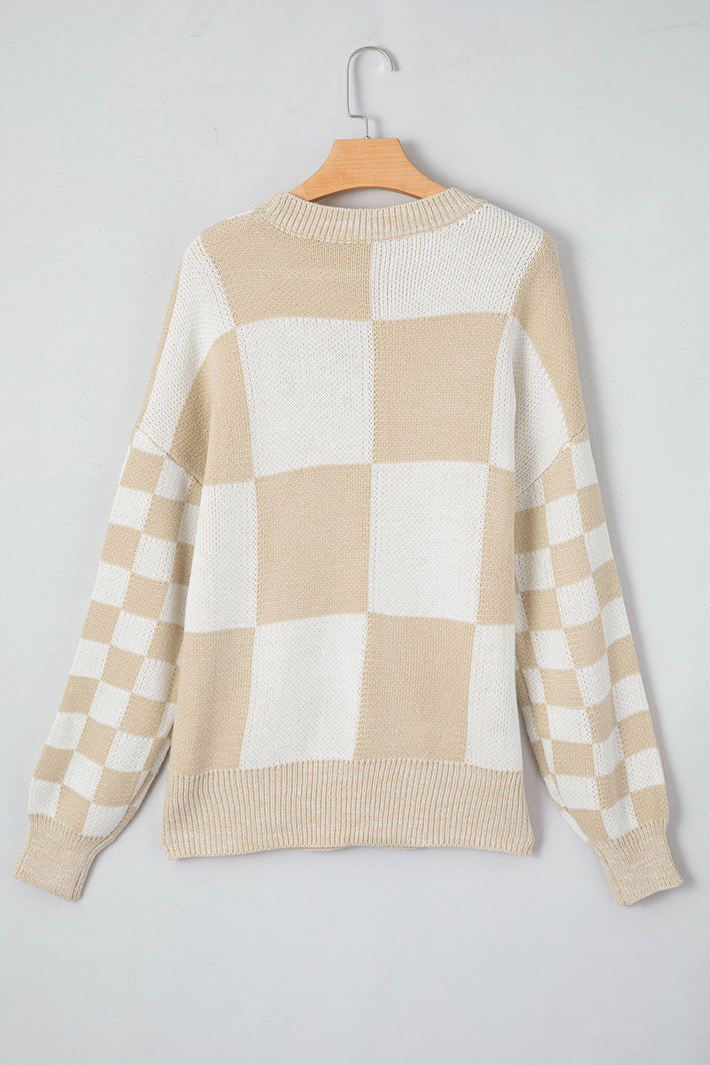 Amber Checkered Round Neck Drop Shoulder Sweater