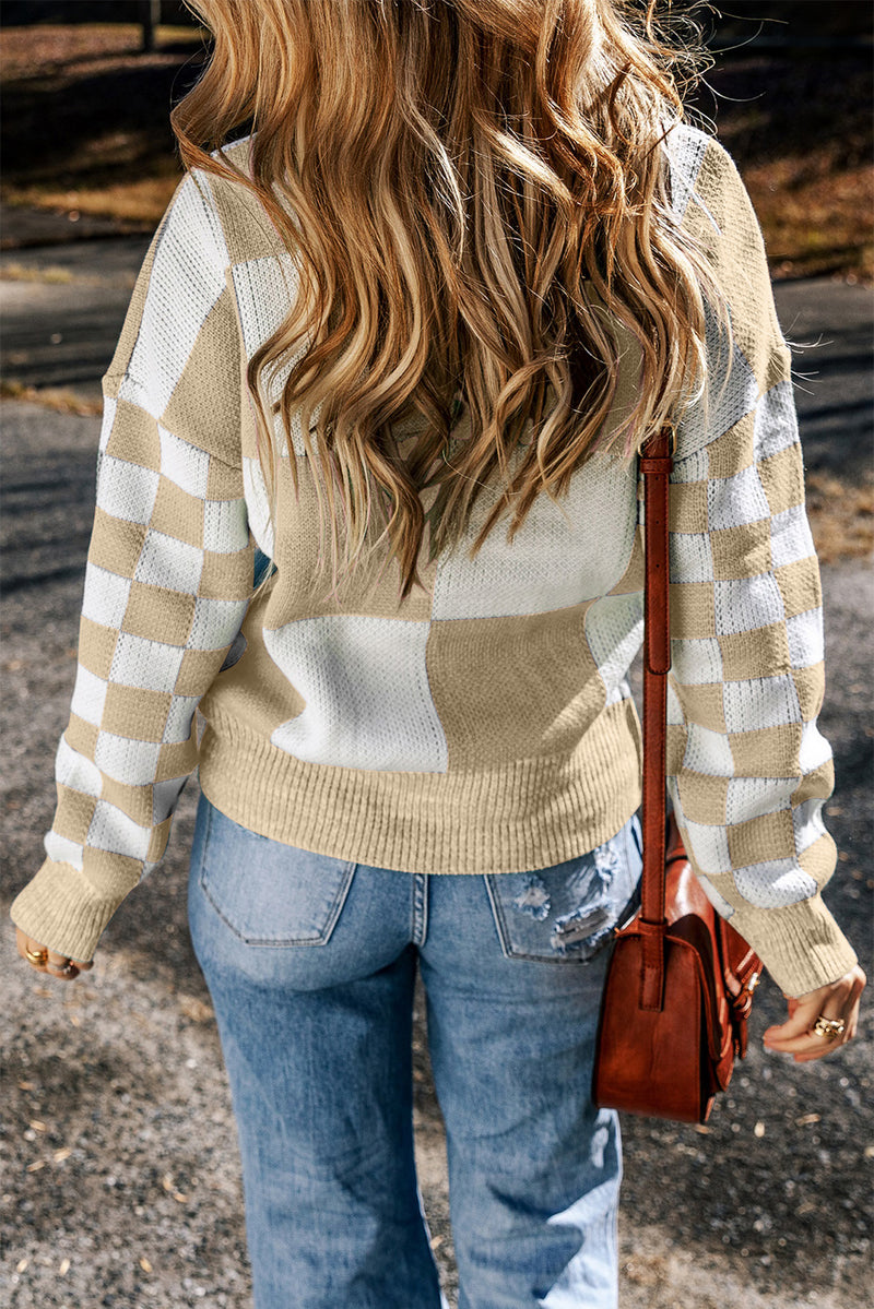 Amber Checkered Round Neck Drop Shoulder Sweater