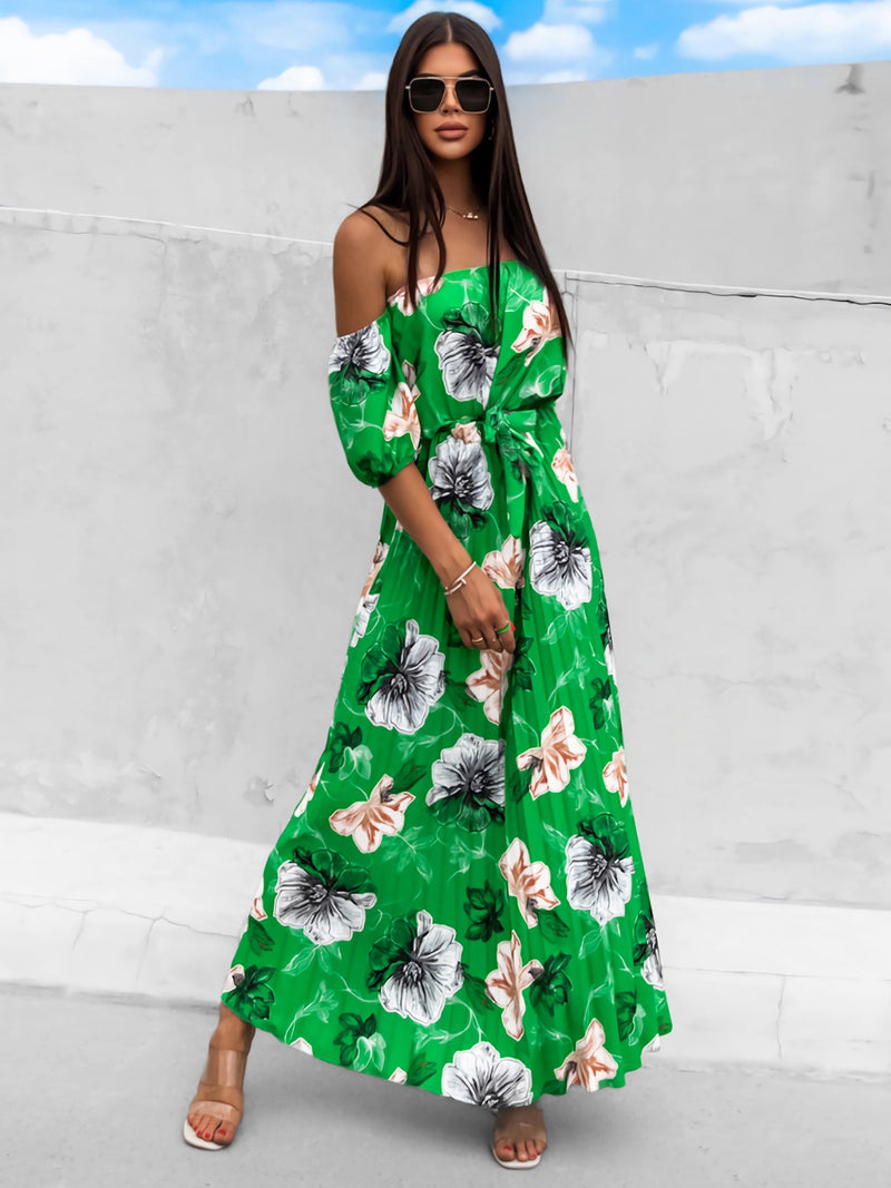 Dayna Pleated Floral Off-Shoulder Short Sleeve Midi Dress