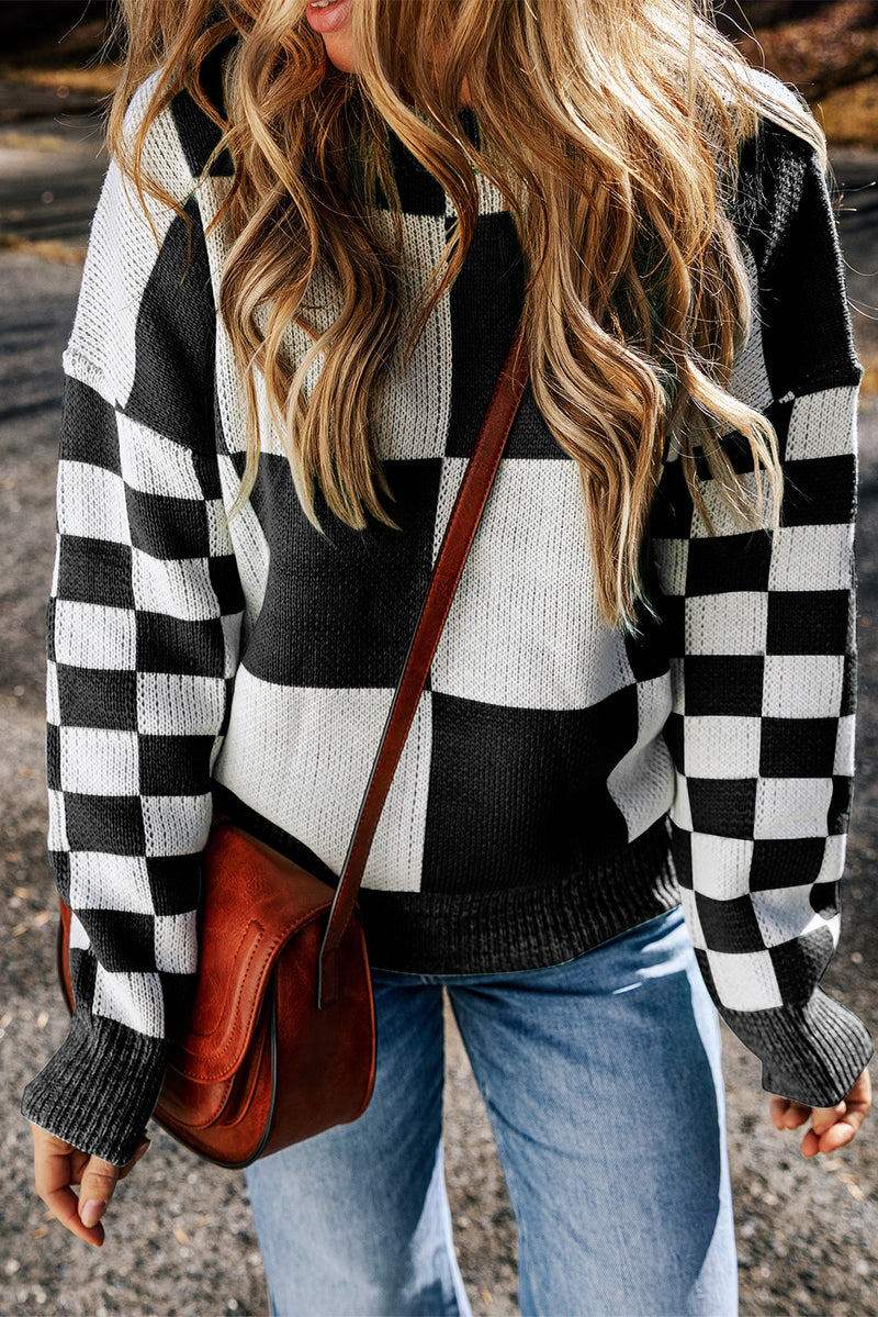 Amber Checkered Round Neck Drop Shoulder Sweater