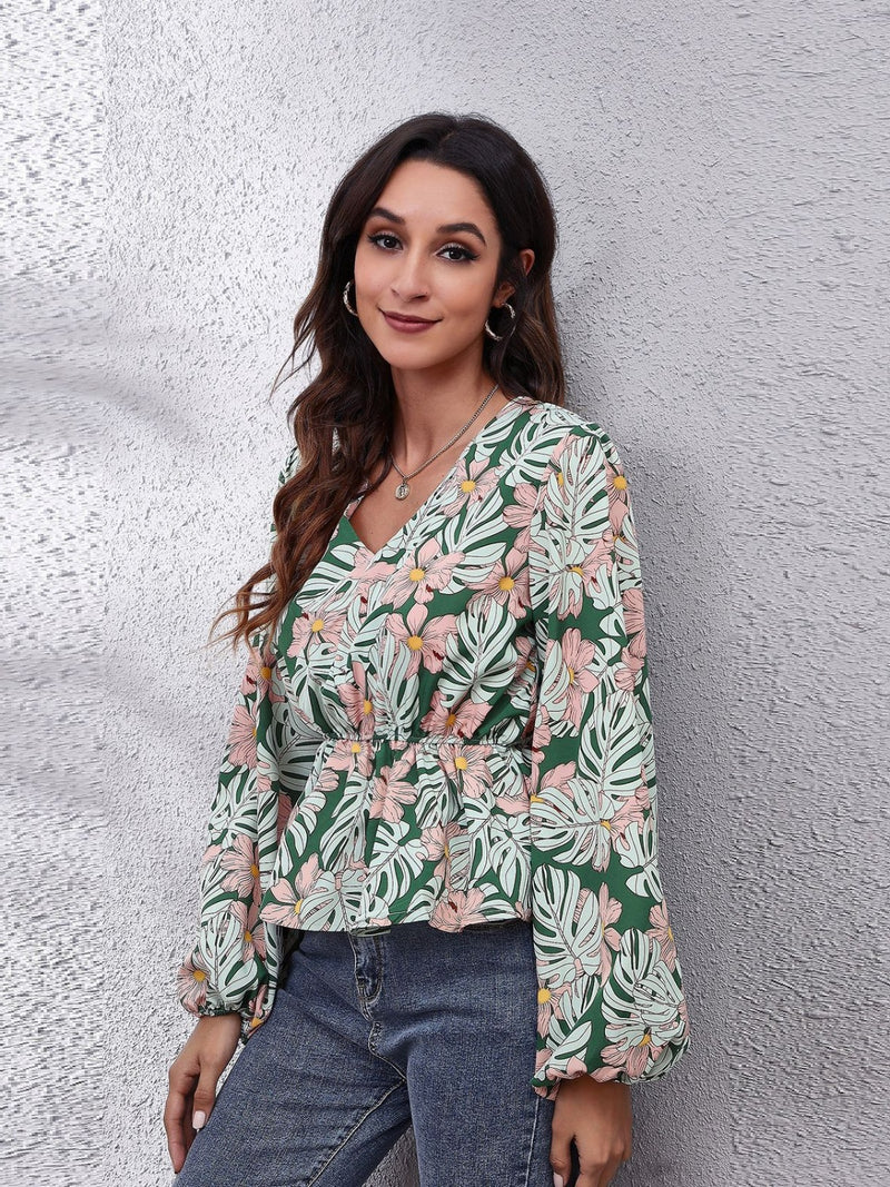 Ruched Printed V-Neck Long Sleeve Blouse