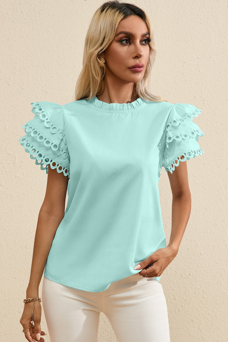 Bailey Ruffled Eyelet Round Neck Cap Sleeve Blouse