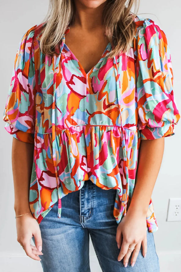 Tallon Printed Tie Neck Half Sleeve Blouse