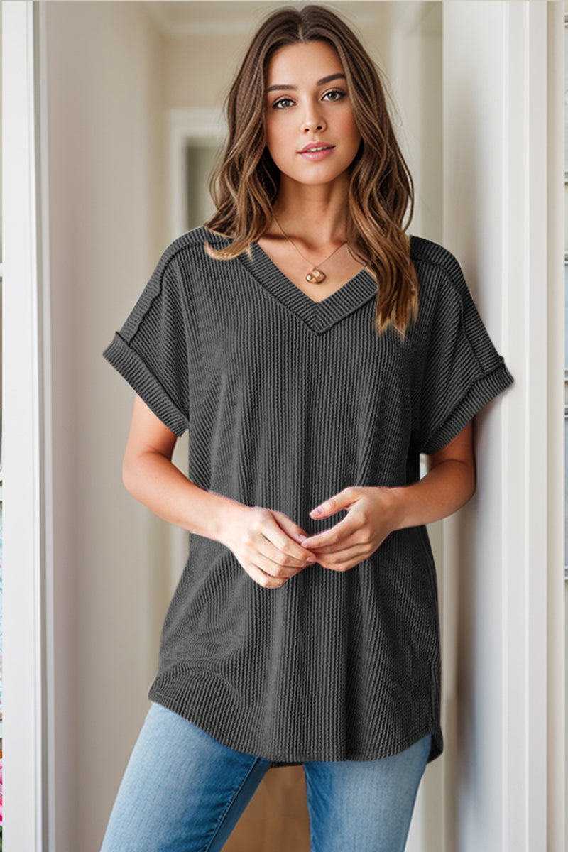 Alice Textured V-Neck Short Sleeve Top