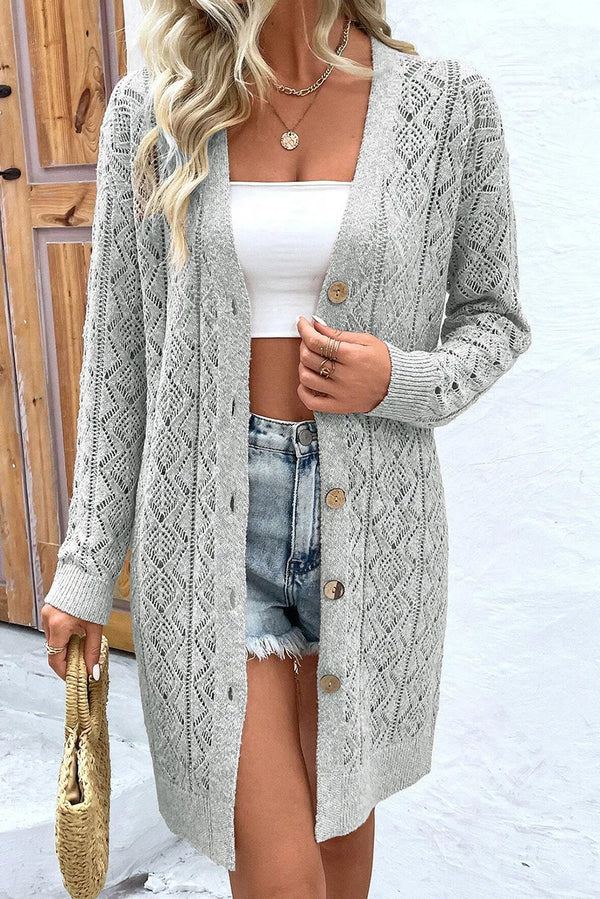 Janie Openwork Button Down Long Sleeve Cardigan