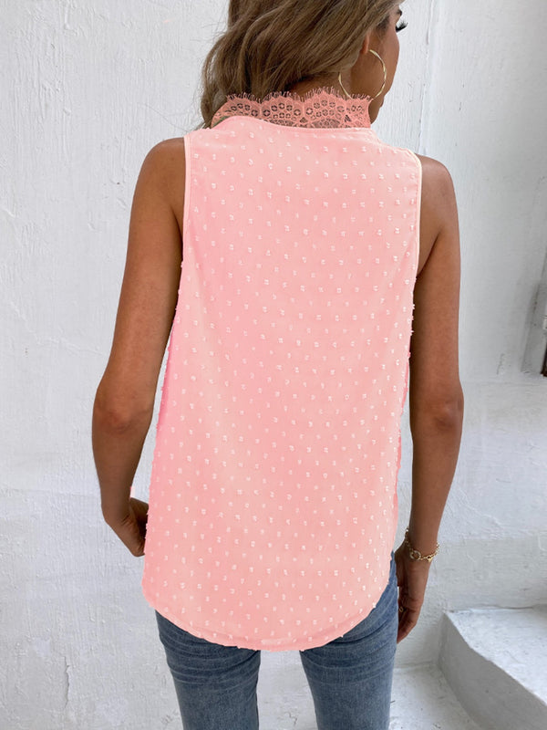 Pearlie Swiss Dot Lace Detail V-Neck Tank