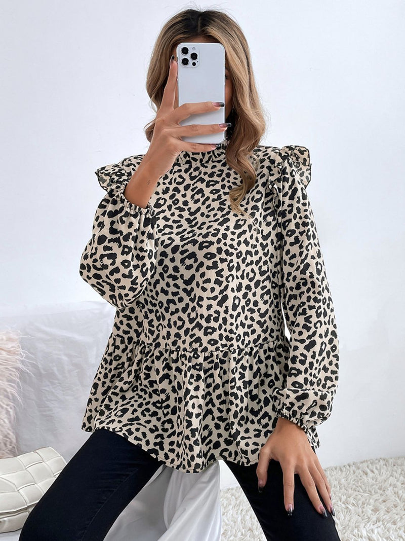 Marie Ruffled Leopard Mock Neck Long Sleeve Blouse