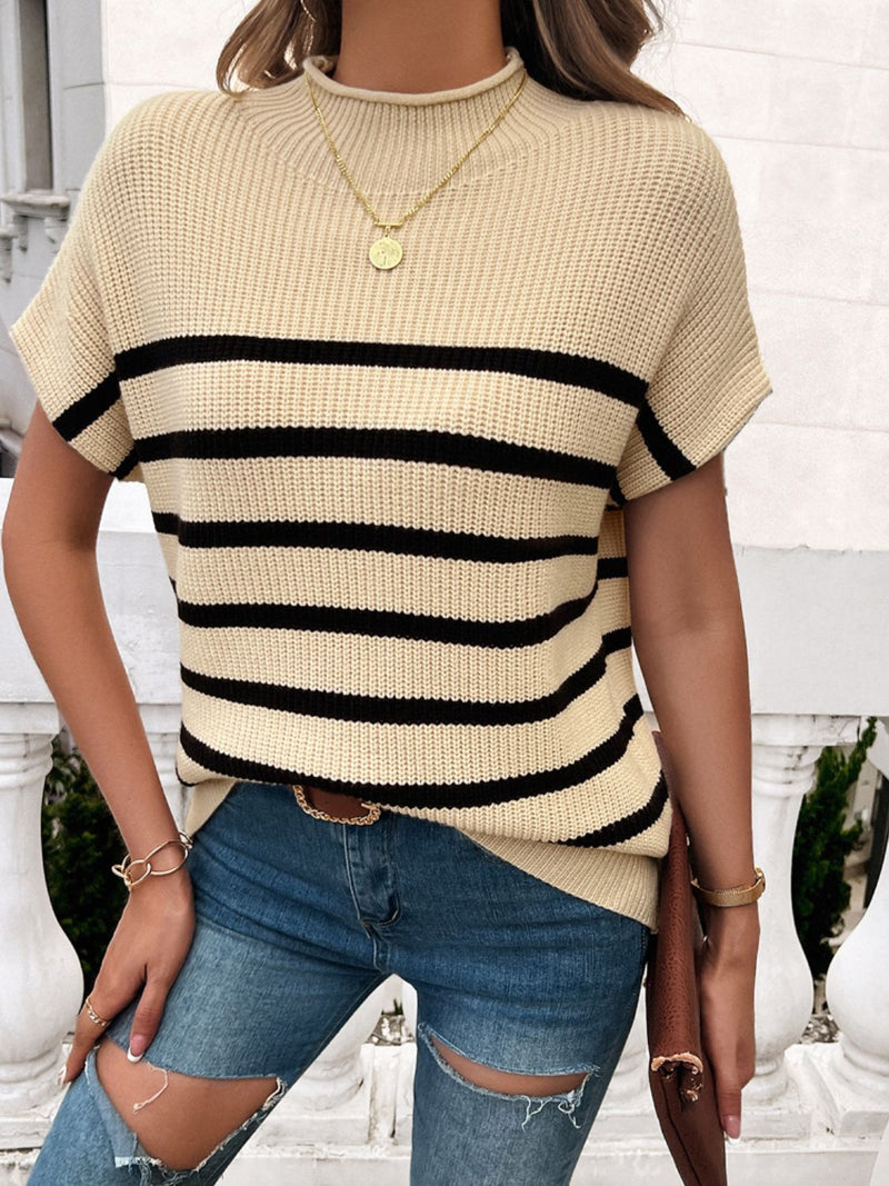 Pamela Striped Mock Neck Short Sleeve Sweater